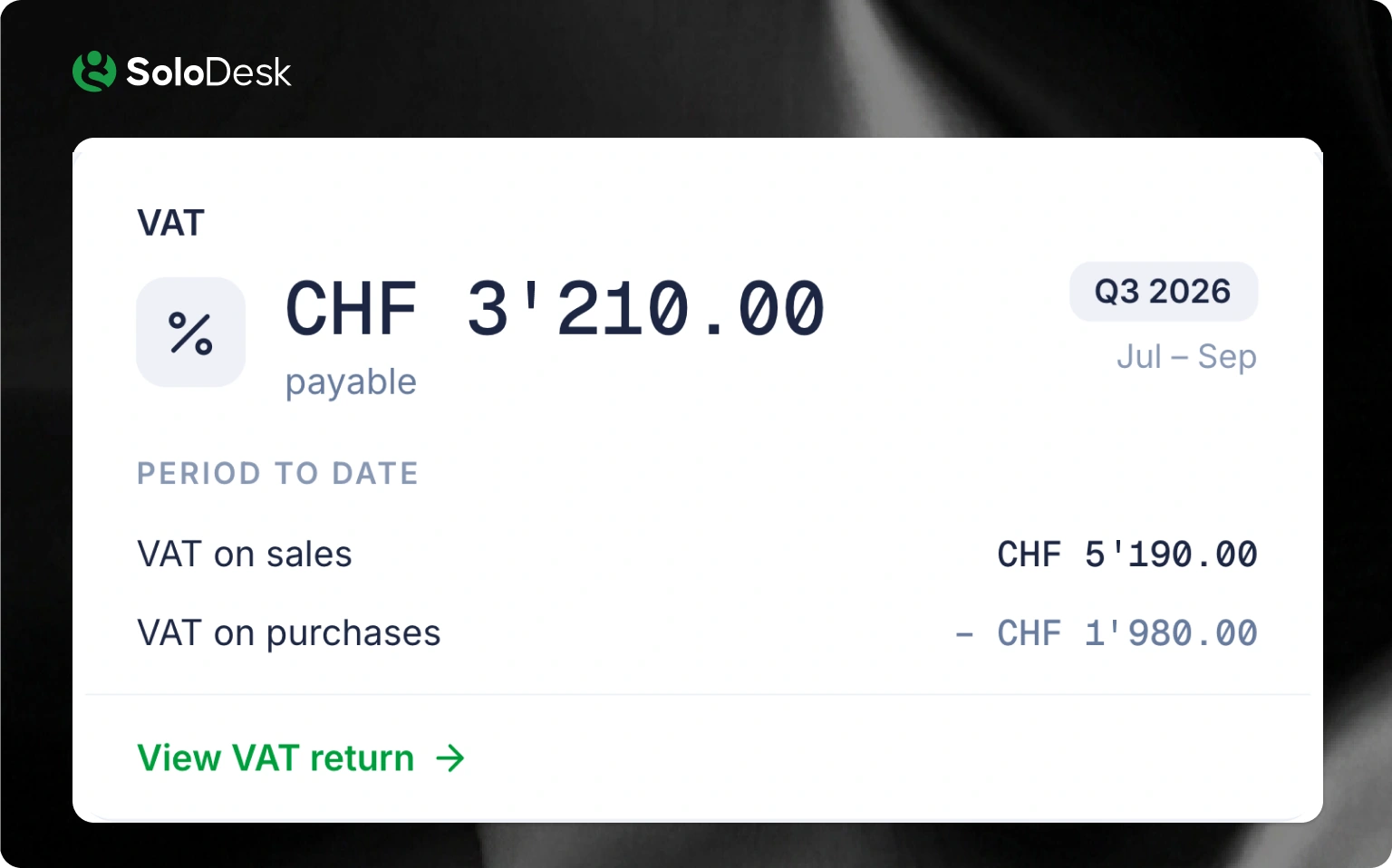 VAT balance on dashboard: SoloDesk in 1 step vs bexio in 4 steps