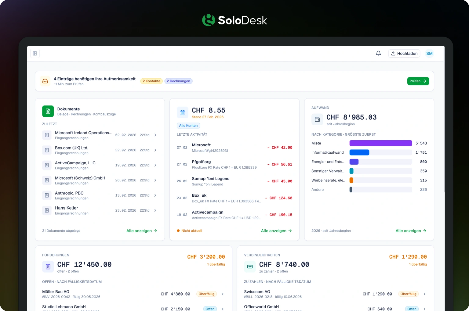 SoloDesk Bankabgleich: PDF, CSV oder CAMT hochladen vs. CashCtrl Dateiexport-Workflow