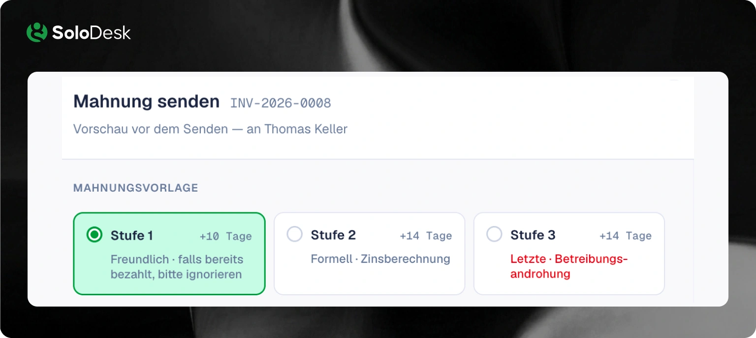 Automatisches Mahnwesen: SoloDesk 3-stufige Erinnerungen vs. manuelle Nachverfolgung mit Infinity