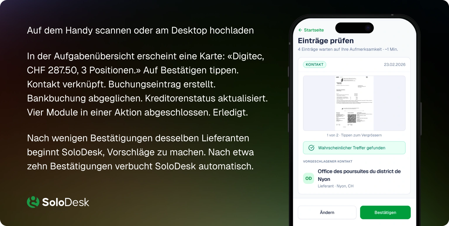 SoloDesk Dokumentprüfung: KI-Klassifizierung mit Konfidenzwerten, Ein-Tippen-Bestätigung