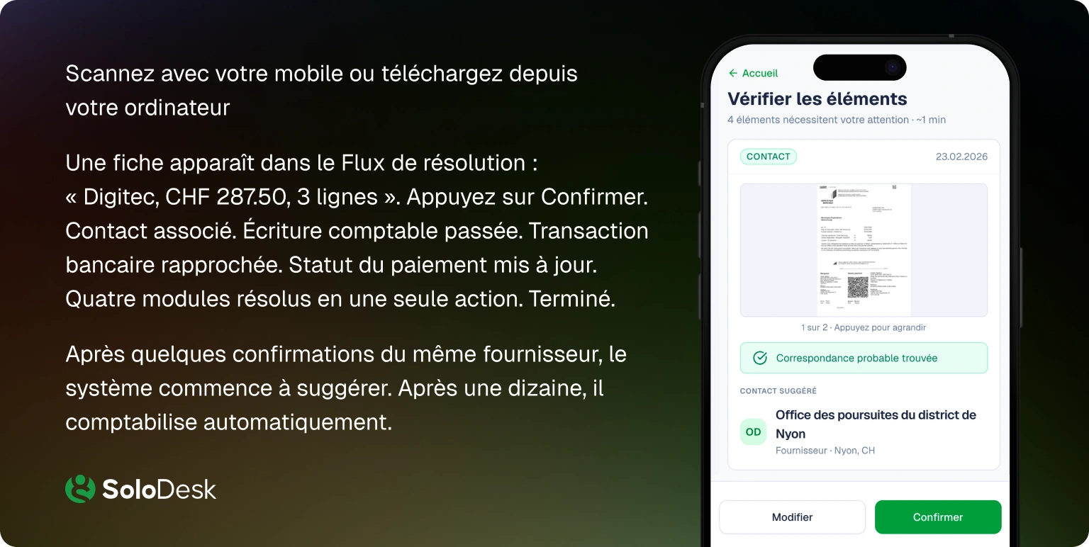Confirmation de document SoloDesk avec scores de confiance par champ vs scan d'en-tête KLARA