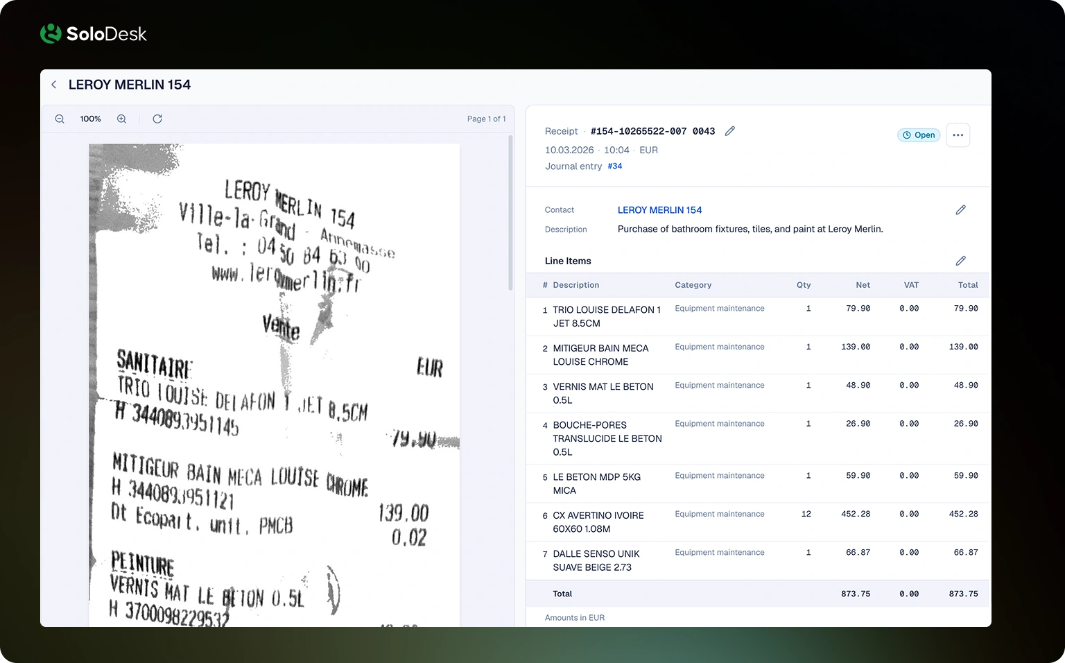 SoloDesk line-item document reading vs Milkee four-field receipt scan