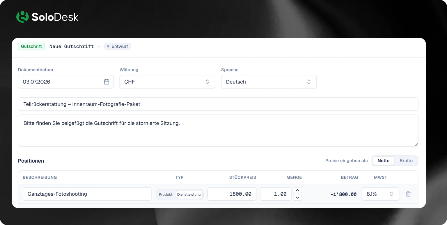 SoloDesk Gutschriften-Workflow vs. keine dedizierte Gutschriftsfunktion bei Milkee