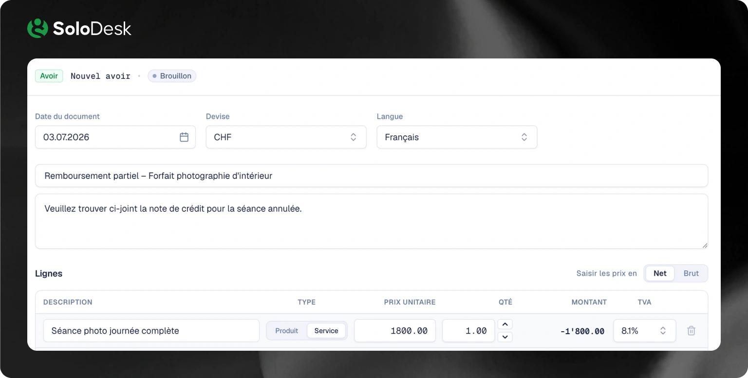 Flux des notes de crédit SoloDesk vs absence de notes de crédit dans Milkee