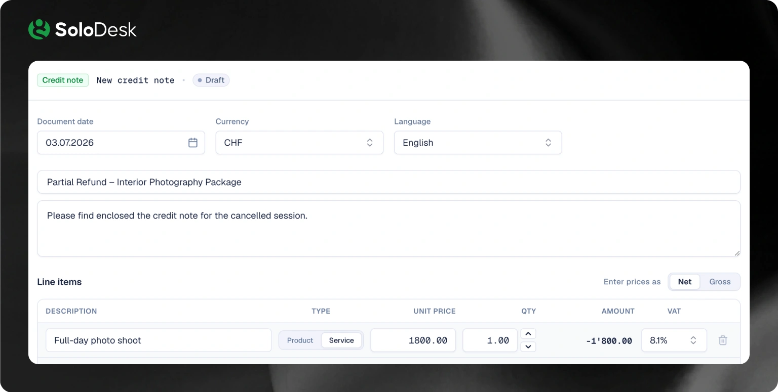 SoloDesk credit note workflow vs no dedicated credit note feature in Milkee