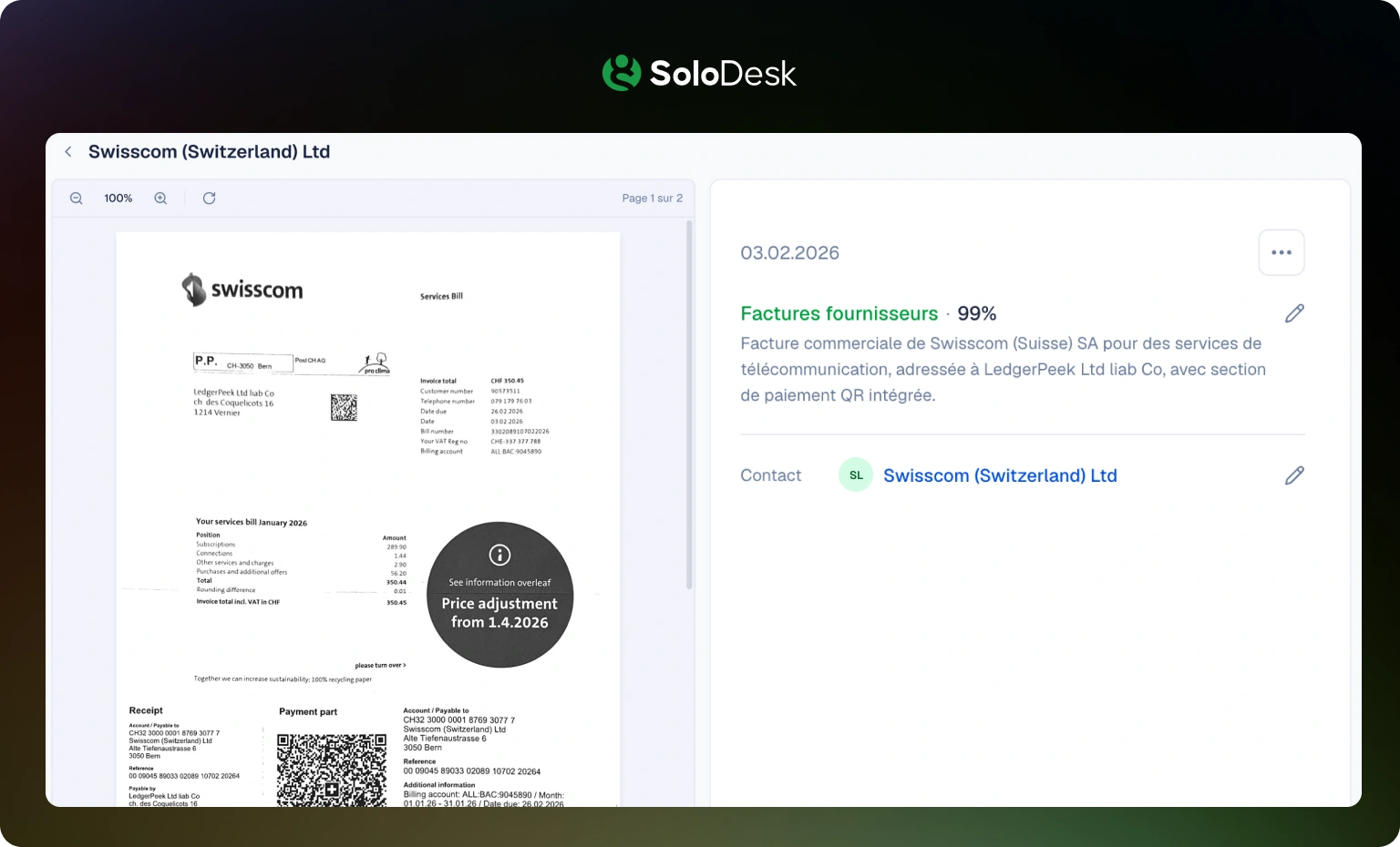 Fiche de confirmation SoloDesk vs configuration Swiss21 avec comptes fixes