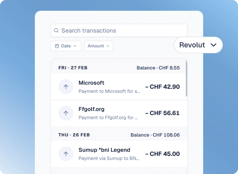 Bank statement import from PostFinance, Revolut, and ZKB