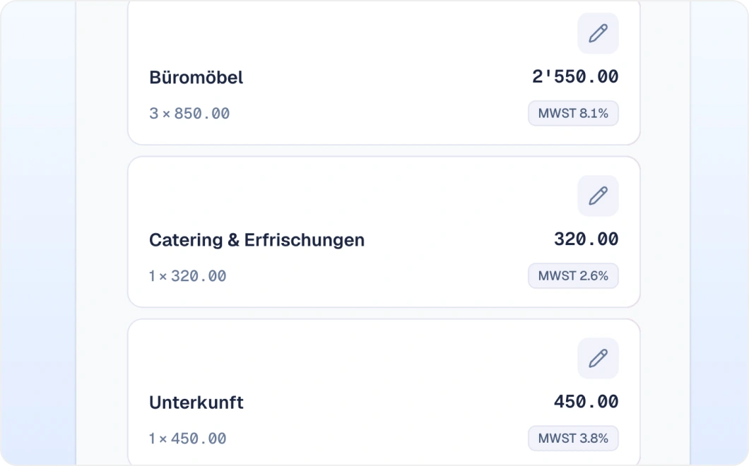 MWST-Aufteilung auf einem Dokument mit Schweizer Sätzen pro Zeile
