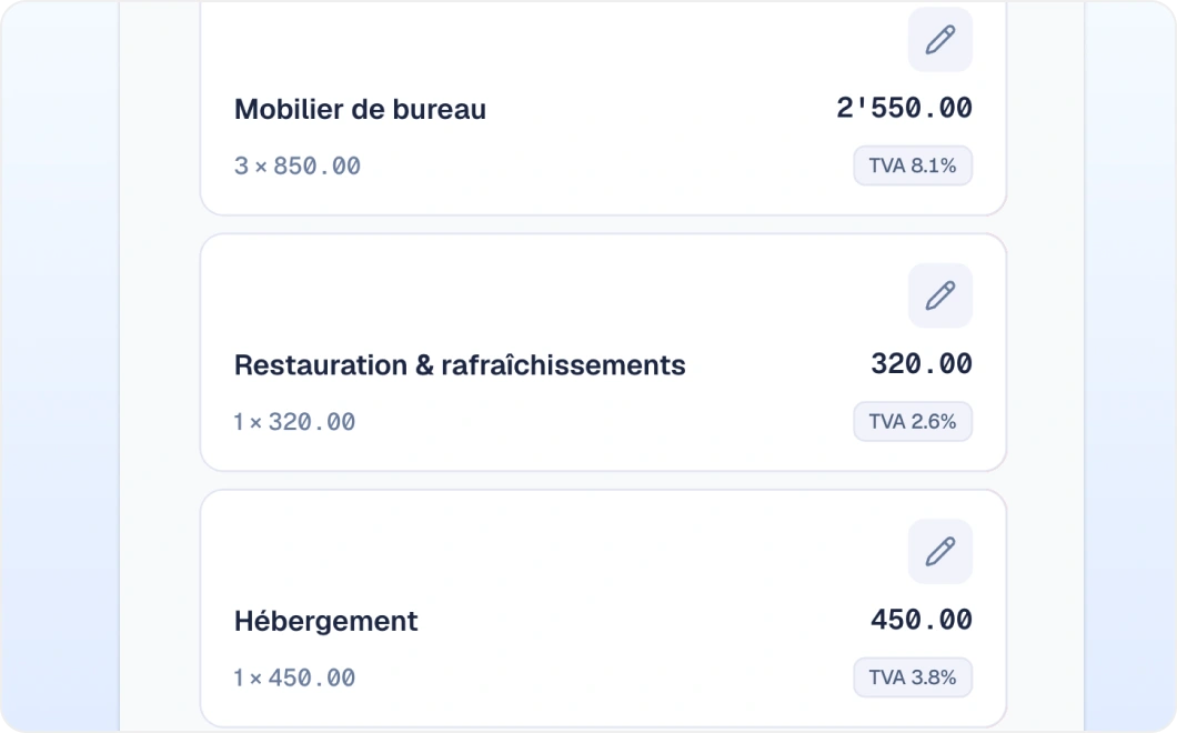 TVA répartie sur un seul document avec les taux suisses par ligne
