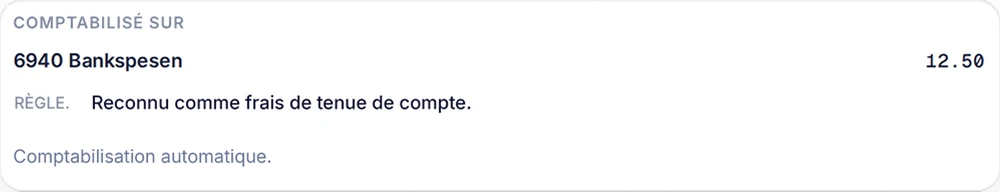 Frais bancaire SoloDesk de CHF 12.50 comptabilisé automatiquement sur le compte 6940 Bankspesen, reconnu comme frais de tenue de compte