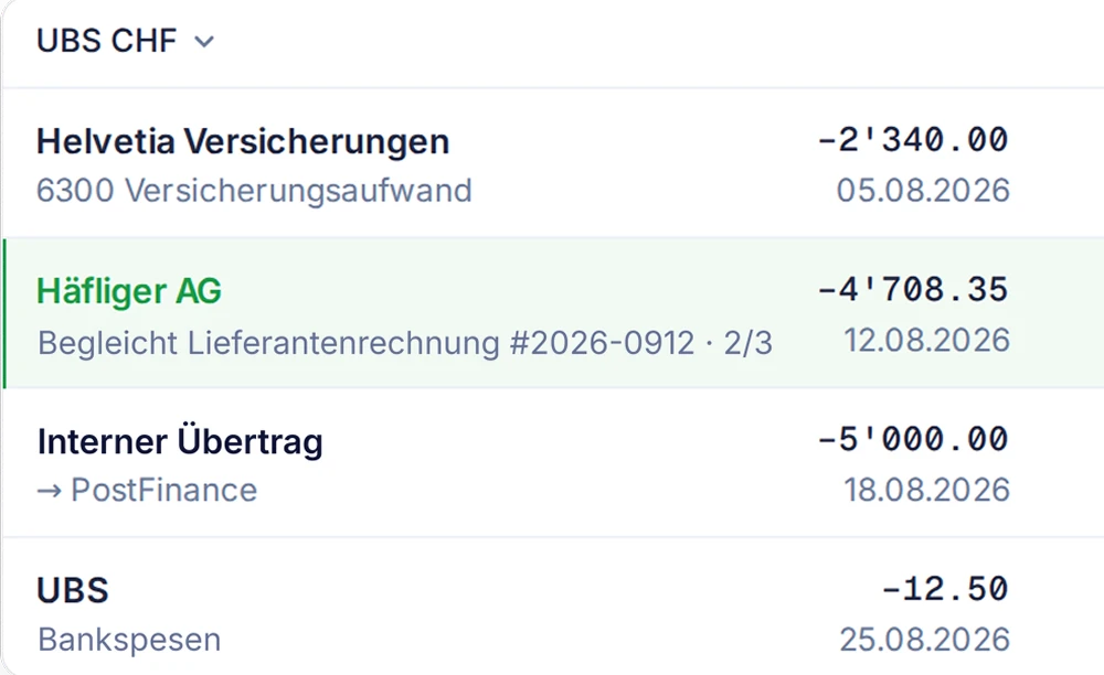 SoloDesk UBS CHF Banktransaktionsliste mit einem internen Übertrag, einer beglichenen Kreditorenrechnung und einer erkannten Bankgebühr