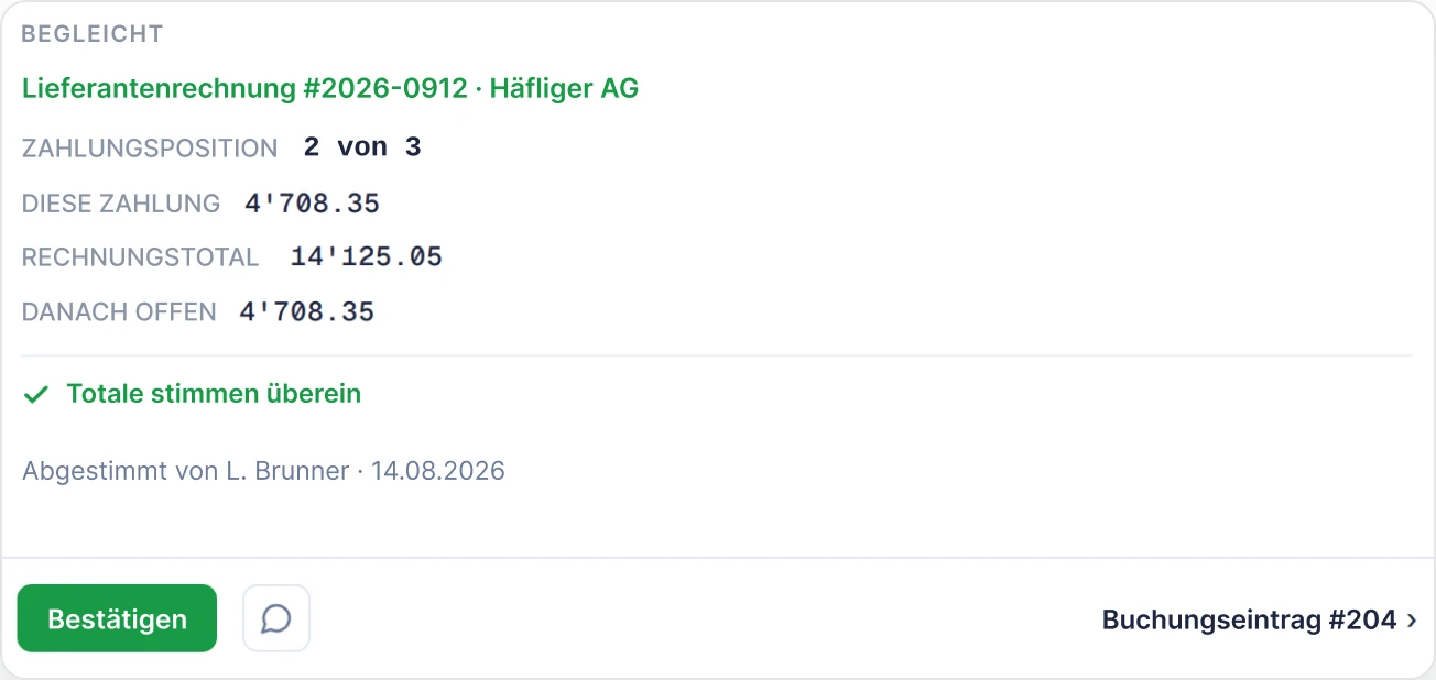 Von SoloDesk vorgeschlagene Zuordnung: Zahlungsposition 2 von 3 zur Lieferantenrechnung #2026-0912 von Häfliger AG, mit übereinstimmenden Summen