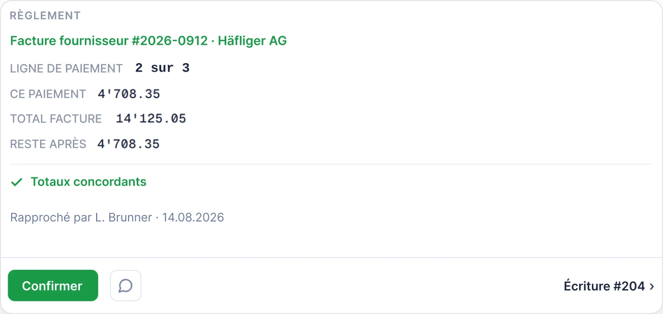 Détail de correspondance proposée par SoloDesk : ligne de paiement 2 sur 3 pour la facture fournisseur #2026-0912 de Häfliger AG, avec des totaux concordants