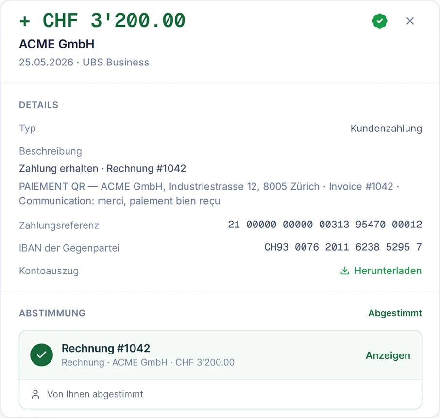 SoloDesk Kundenzahlung von CHF 3'200.00 von ACME GmbH, zugeordnet zu Rechnung #1042, mit dem Kontoauszug zum Herunterladen verfügbar