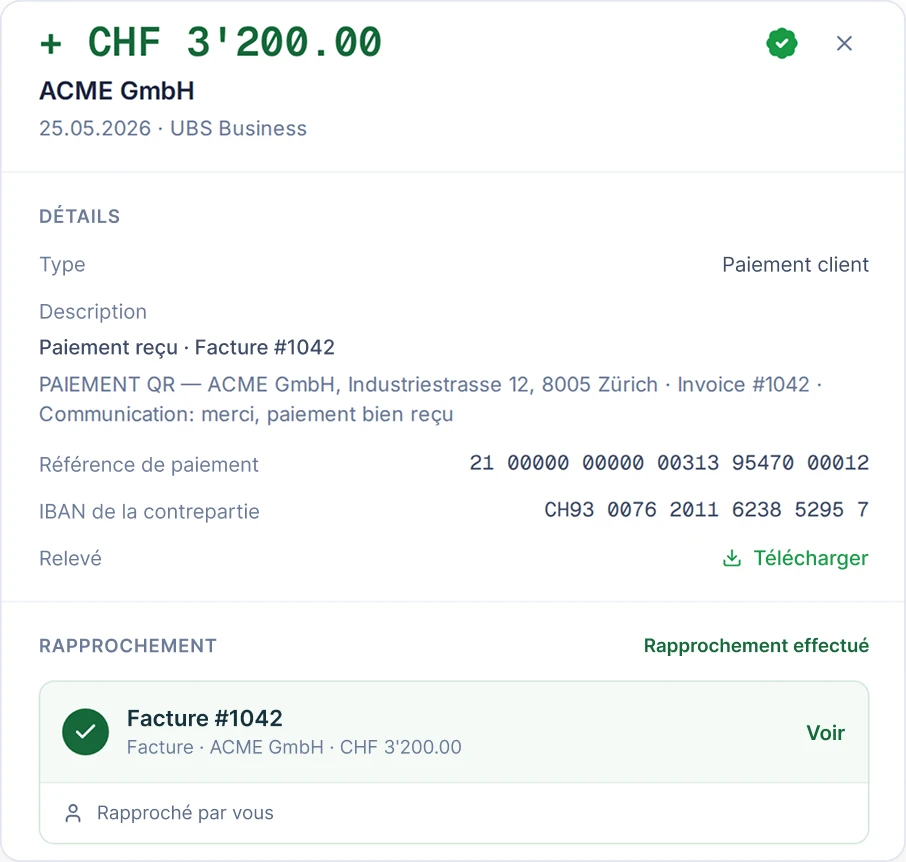 Paiement client SoloDesk de CHF 3'200.00 de ACME GmbH rapproché avec la facture #1042, avec le relevé disponible au téléchargement