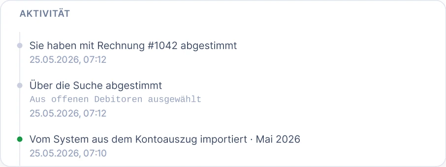 SoloDesk Aktivitätsverlauf mit der aus dem Auszug von Mai 2026 importierten Zahlung, über die Suche zugeordnet und für Rechnung #1042 bestätigt