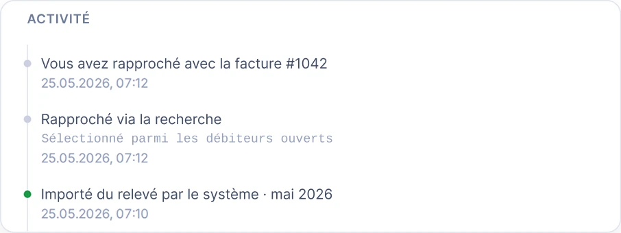 Journal d'activité SoloDesk montrant le paiement importé depuis le relevé de mai 2026, rapproché via la recherche et confirmé pour la facture #1042