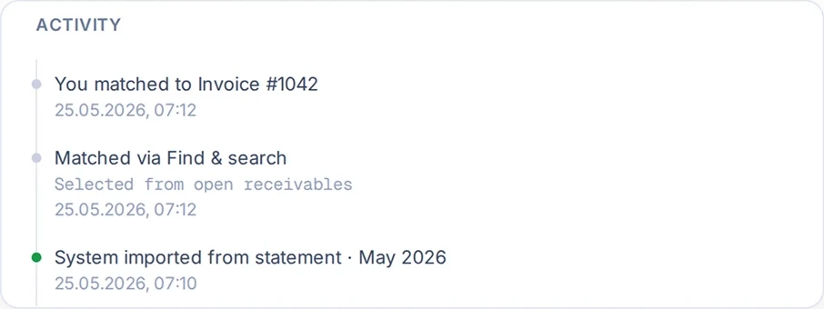 SoloDesk activity trail showing the payment imported from the May 2026 statement, matched via Find & search and confirmed to Invoice #1042
