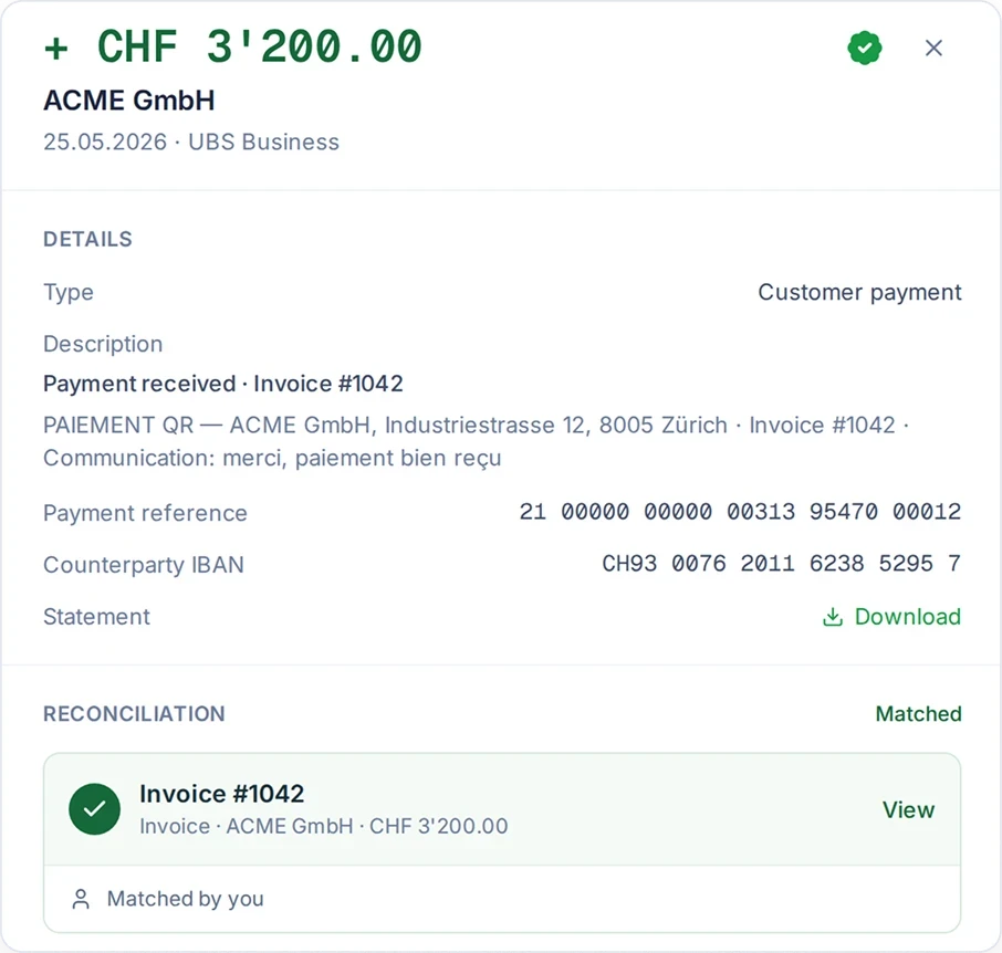 SoloDesk customer payment of CHF 3'200.00 from ACME GmbH matched to Invoice #1042, with the statement available to download