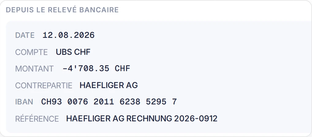 Détail d'un relevé bancaire importé par SoloDesk pour Häfliger AG, avec date, compte, montant, contrepartie, IBAN et référence lus depuis le relevé