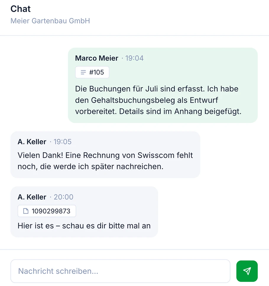 SoloDesk-Chat mit Meier Gartenbau GmbH mit Verweis auf einen validierten Lohnbuchungseintrag und einer angehängten Rechnung als PDF
