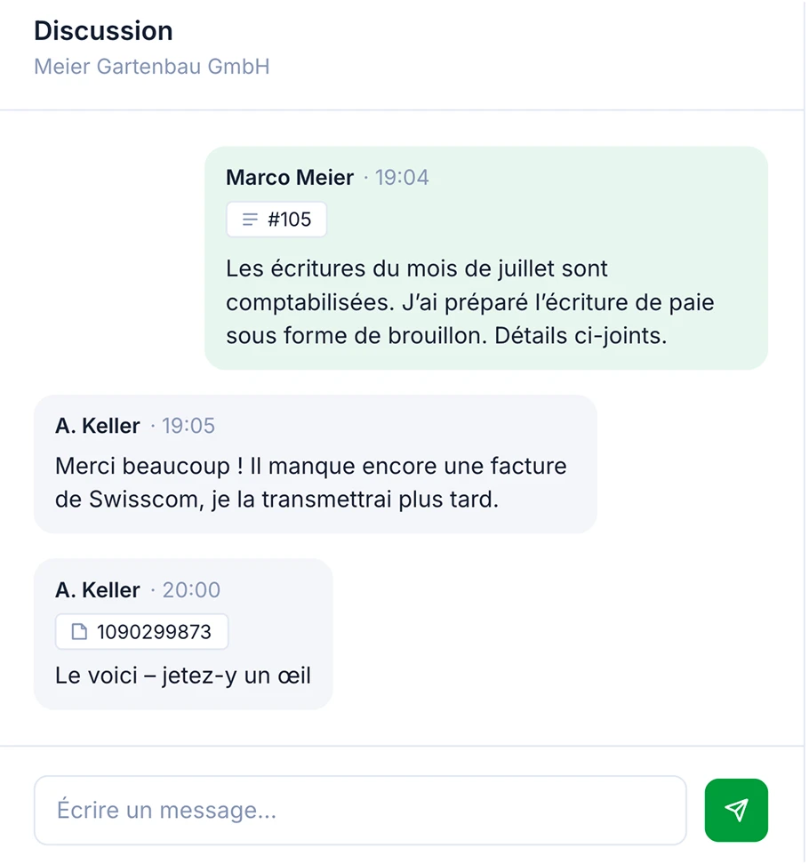 Discussion SoloDesk avec Meier Gartenbau GmbH, montrant une référence à une écriture de paie validée et une facture PDF jointe