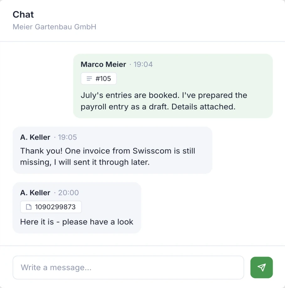 SoloDesk chat with Meier Gartenbau GmbH, showing a validated payroll entry reference and an attached invoice PDF