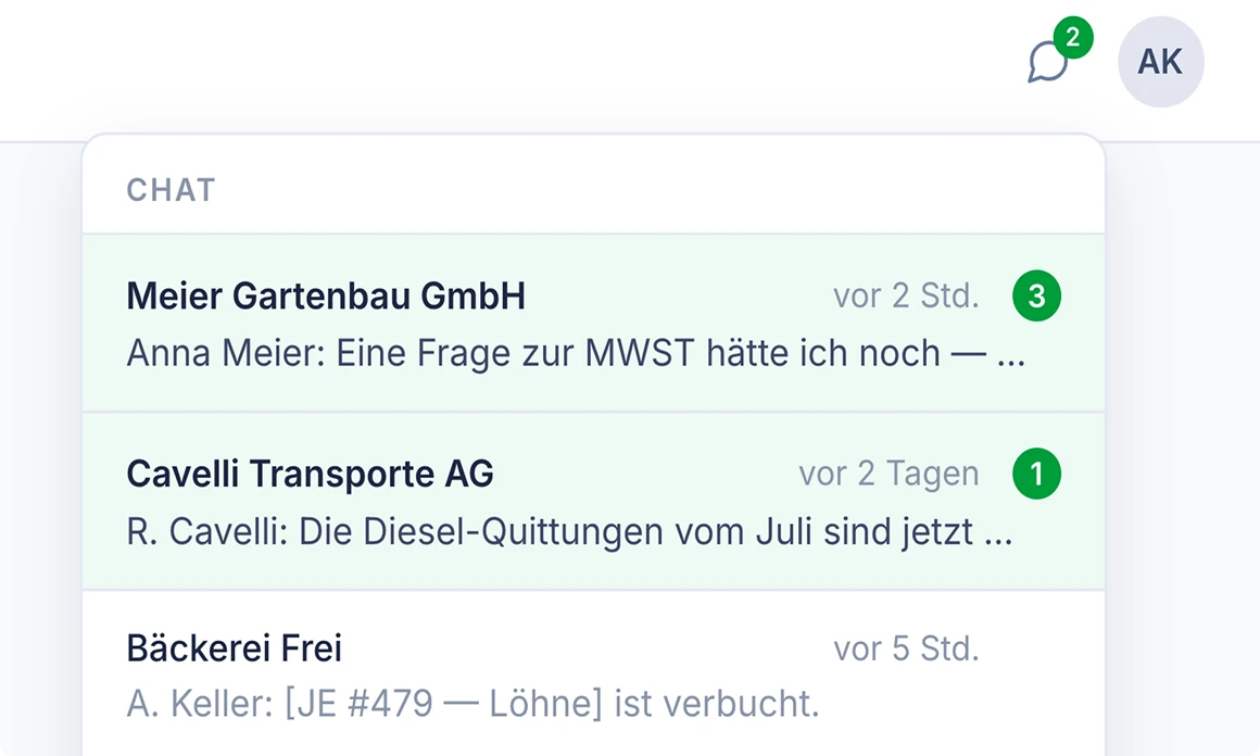 SoloDesk-Dropdown mit Konversationen je Mandant und der Anzahl ungelesener Nachrichten
