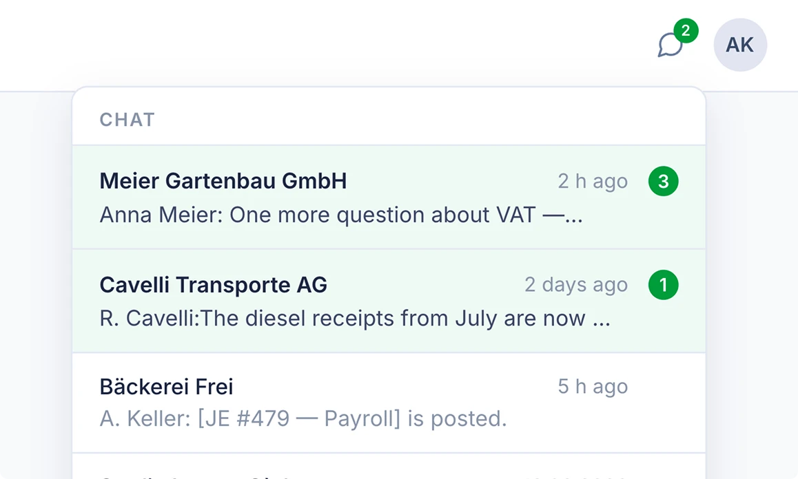SoloDesk chat dropdown listing conversations across clients with unread-message counts