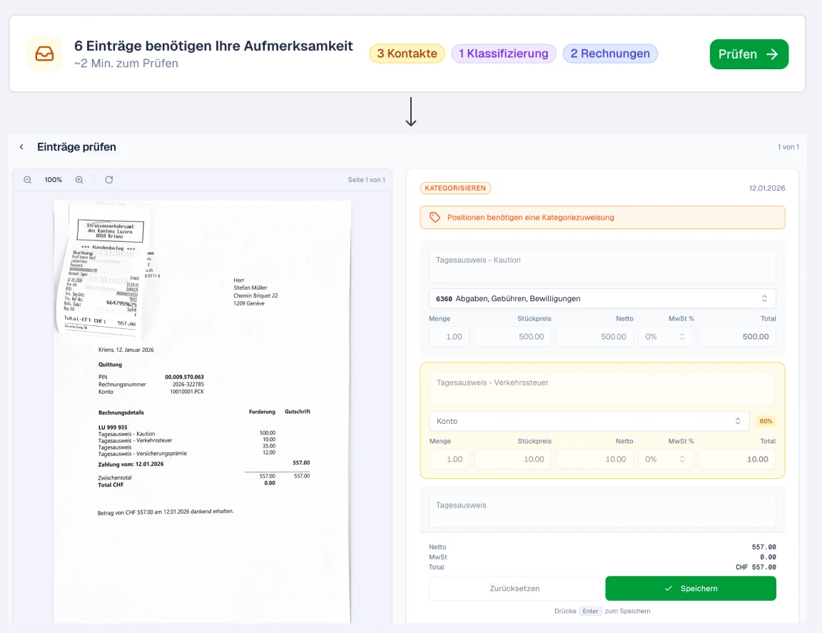 SoloDesk Prüfliste mit sechs zu bearbeitenden Positionen, ein Beleg ist zur Kategoriezuordnung geöffnet