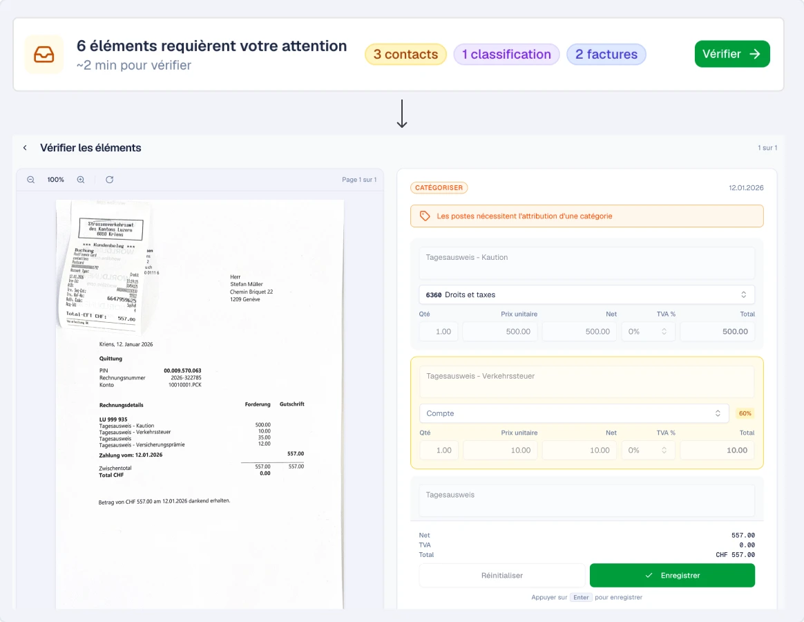 File de contrôle SoloDesk affichant six éléments à traiter, avec un reçu ouvert pour l'attribution d'une catégorie