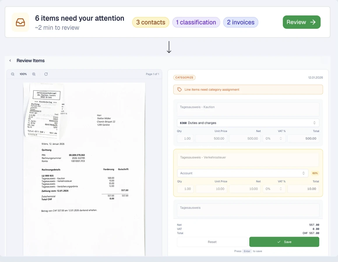 SoloDesk review queue showing six items needing attention, with a receipt open for category assignment