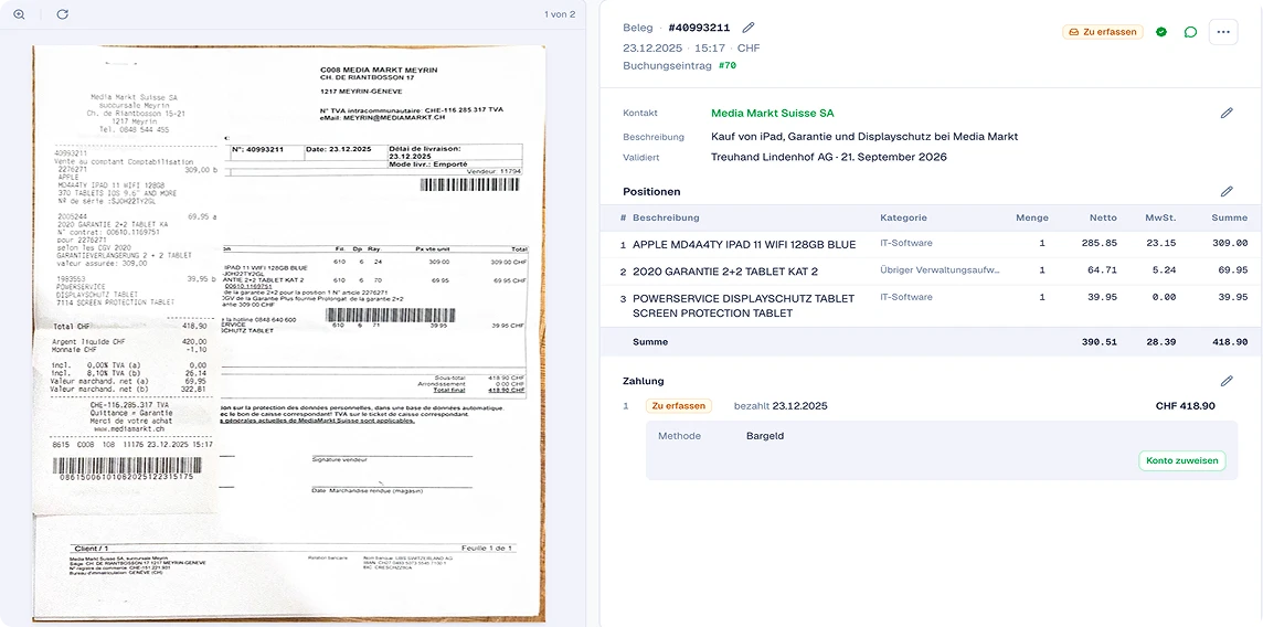 SoloDesk Belegansicht eines Einkaufs bei Media Markt Suisse SA mit Positionen und Kategoriezuordnungen