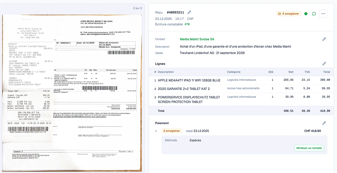 Vue SoloDesk d'un reçu Media Markt Suisse SA avec ses lignes et les catégories attribuées