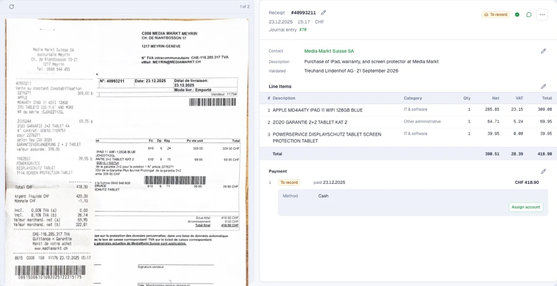 SoloDesk receipt view showing a Media Markt Suisse SA purchase with its line items and category assignments