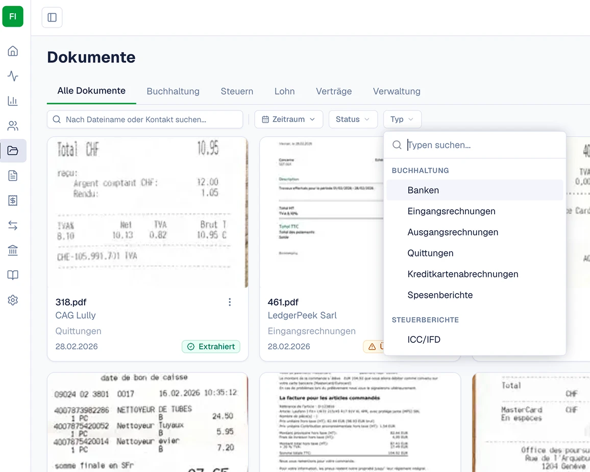 SoloDesk Dokumente-Bildschirm mit einer gefilterten Liste von Buchhaltungsdokumenten und ihrem Status
