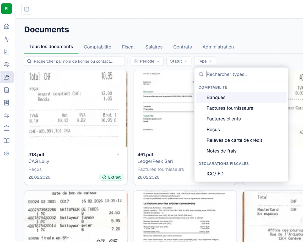 Écran Documents de SoloDesk avec une liste filtrée des pièces comptables et leur statut