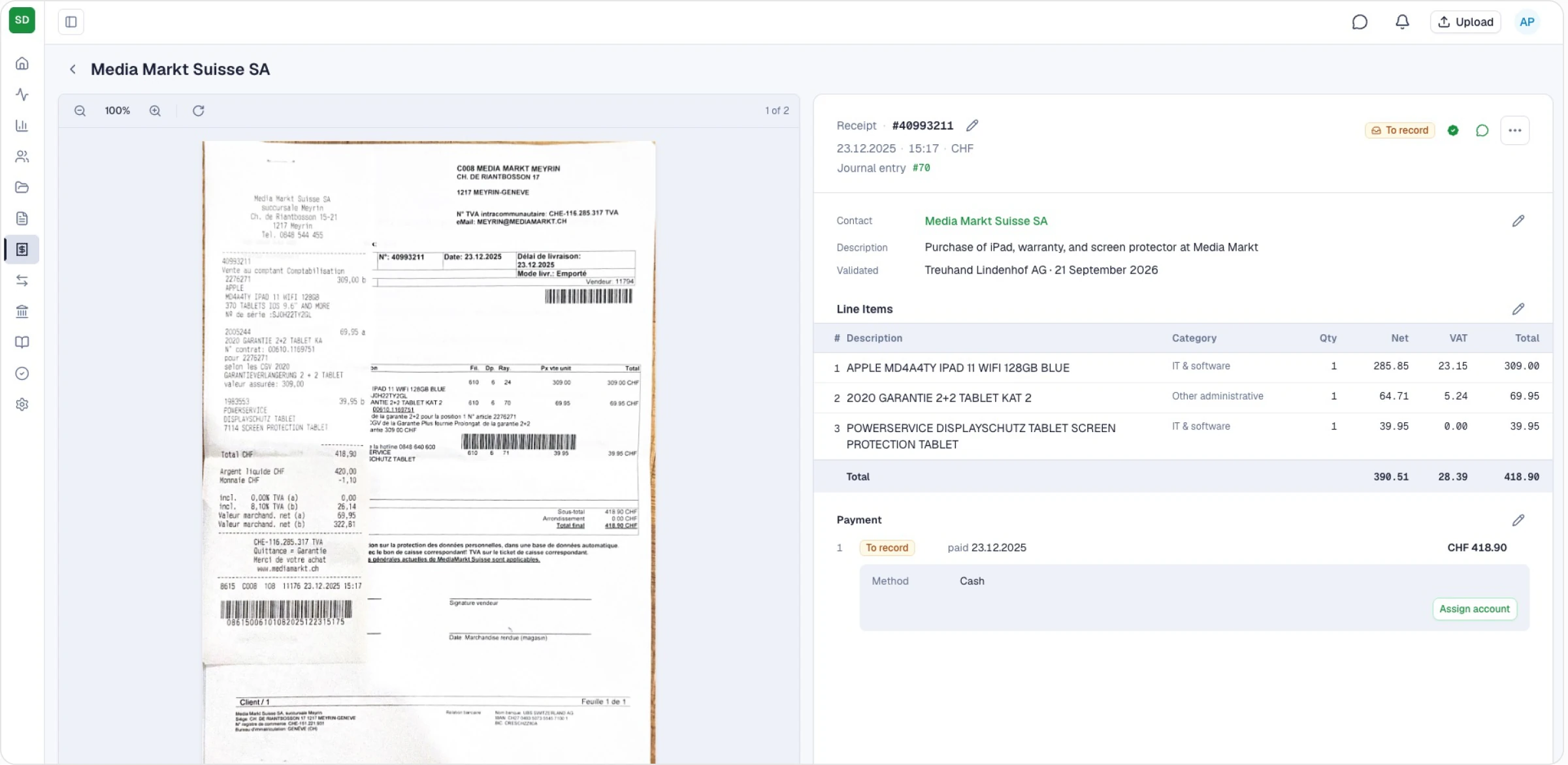 SoloDesk receipt detail for Media Markt Suisse SA with amounts and VAT read from the document