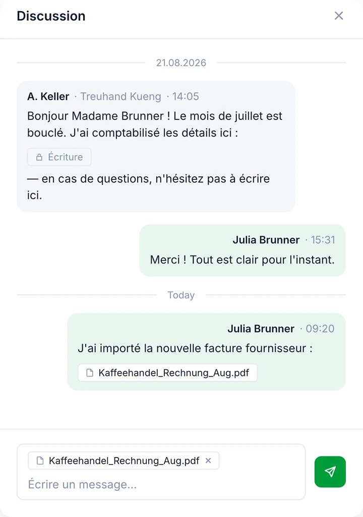 Conversation SoloDesk avec un message lié à une écriture comptable