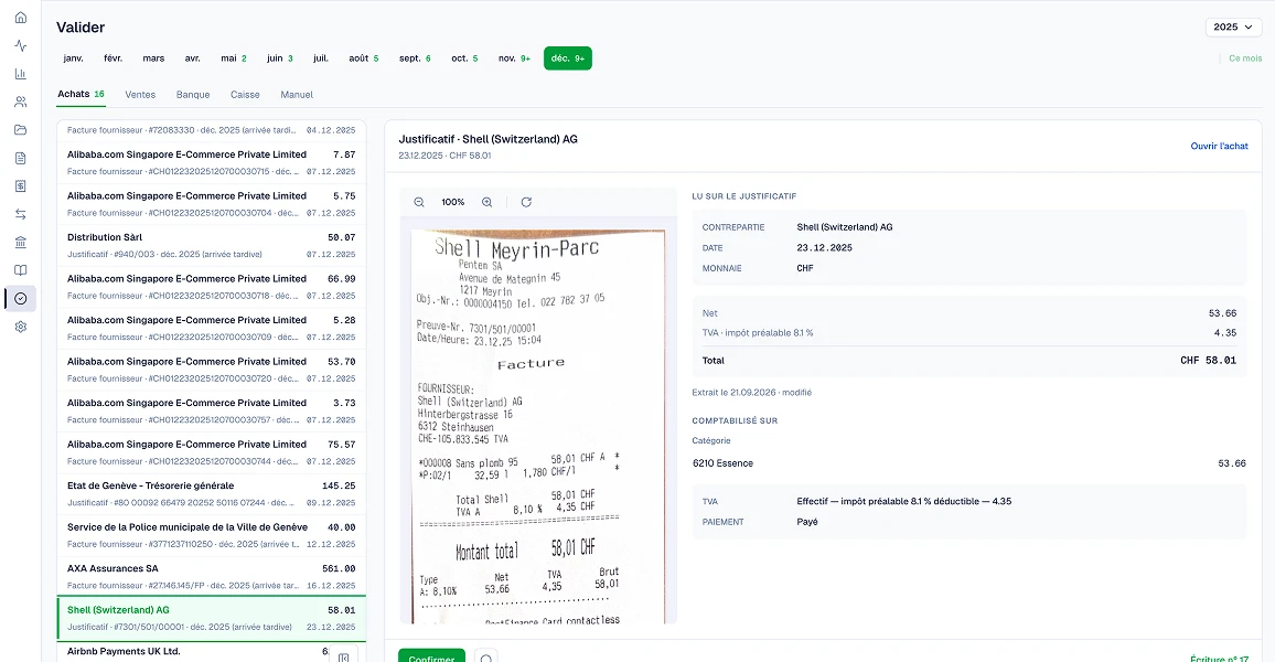 Écran Valider de SoloDesk montrant une facture fournisseur lue depuis le document et rapprochée de son écriture comptable