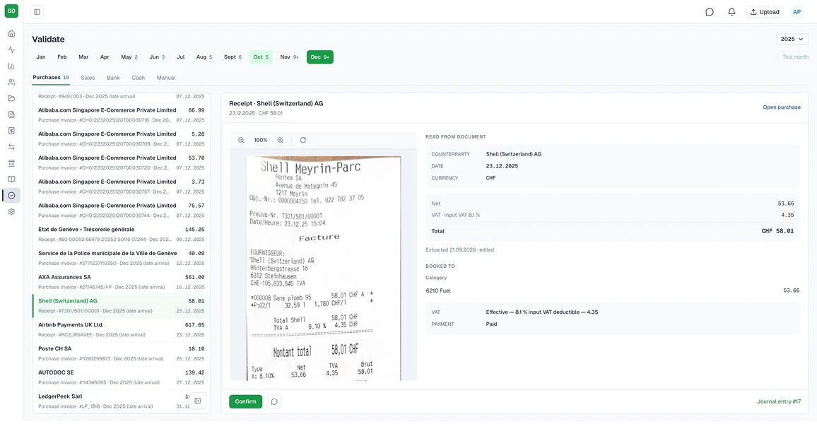SoloDesk Validate screen showing a purchase invoice read from the document and matched to its accounting entry
