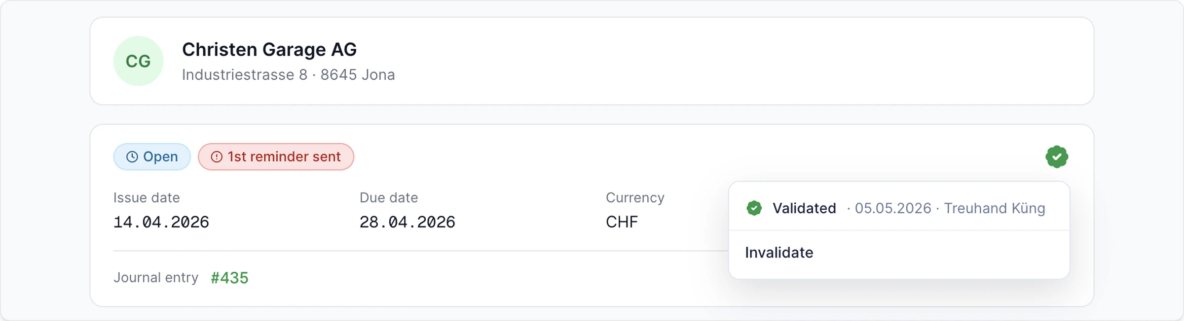Sales invoice detail marked Validated, with a stamp popover showing the fiduciary and date