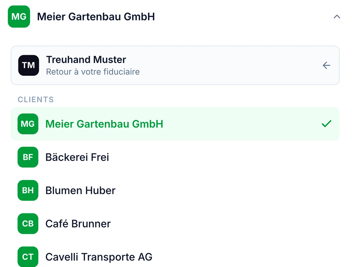 Sélecteur de client SoloDesk listant les clients sous Treuhand Muster, avec Meier Gartenbau GmbH sélectionné