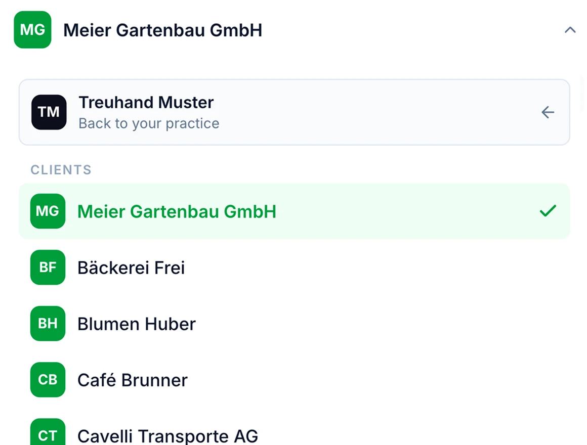 SoloDesk client switcher listing clients under Treuhand Küng, with Meier Gartenbau GmbH selected