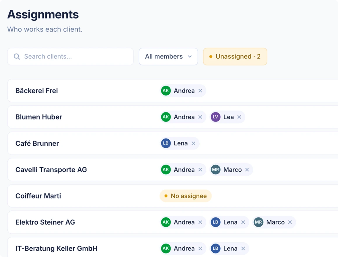 SoloDesk Assignments screen showing which accountant is assigned to each client