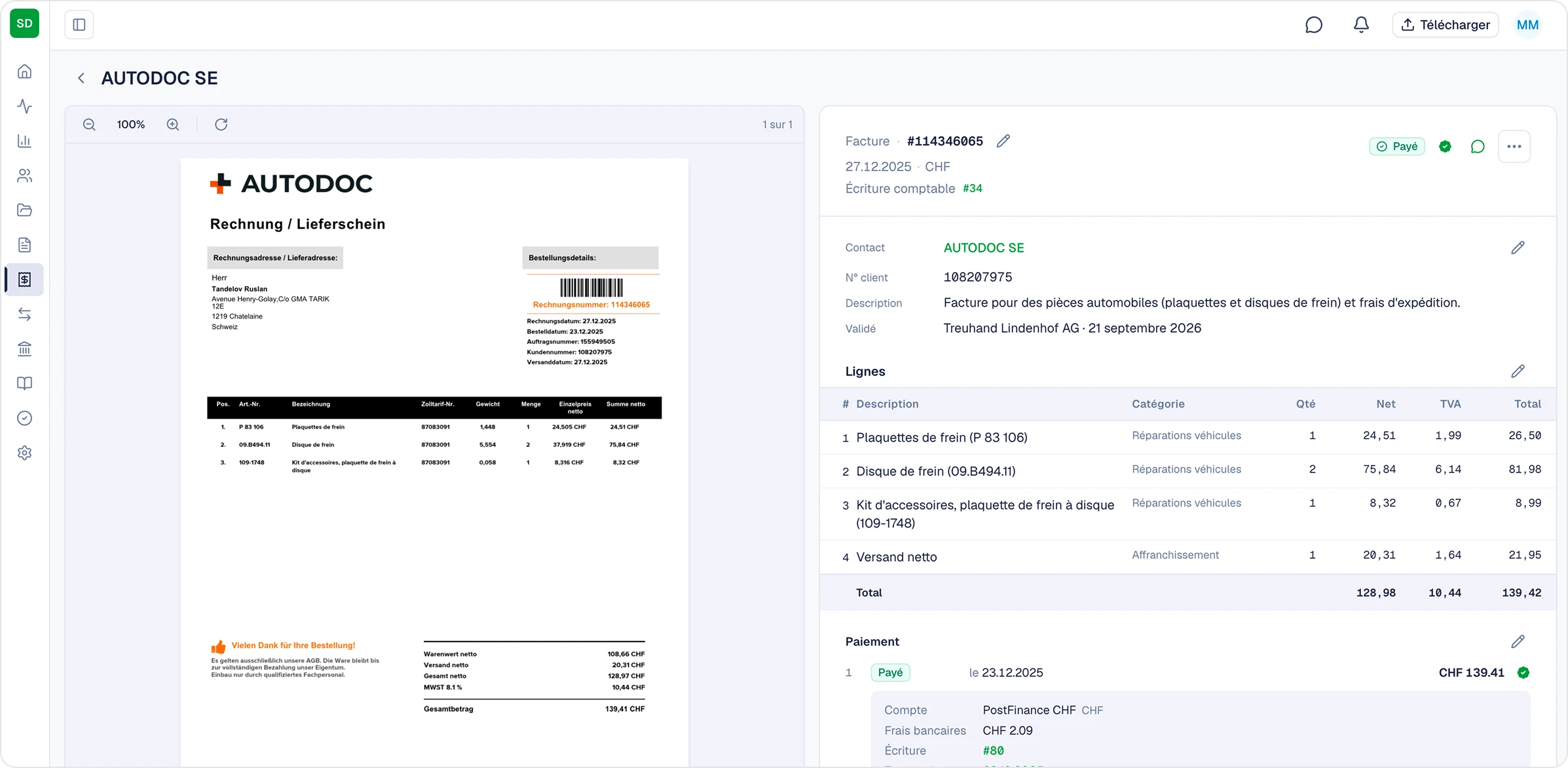 Facture SoloDesk pour AUTODOC SE avec un cachet de validation indiquant le cabinet fiduciaire et la date de validation
