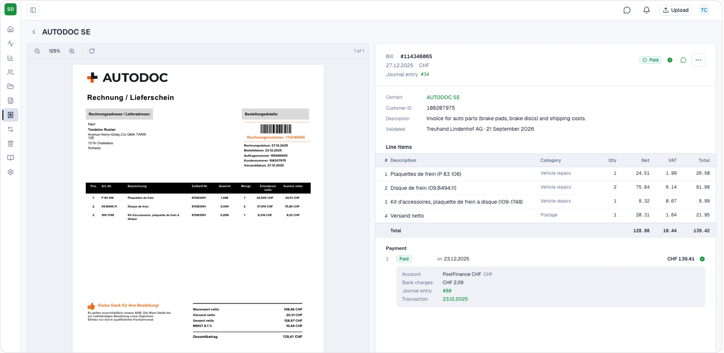 SoloDesk bill for AUTODOC SE with a validation stamp naming the fiduciary practice and the validation date