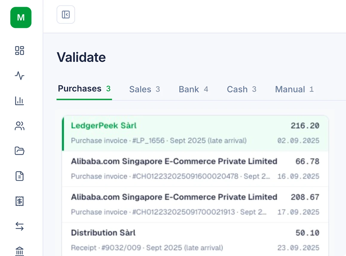 SoloDesk Validate screen showing bank transactions awaiting review, grouped by account