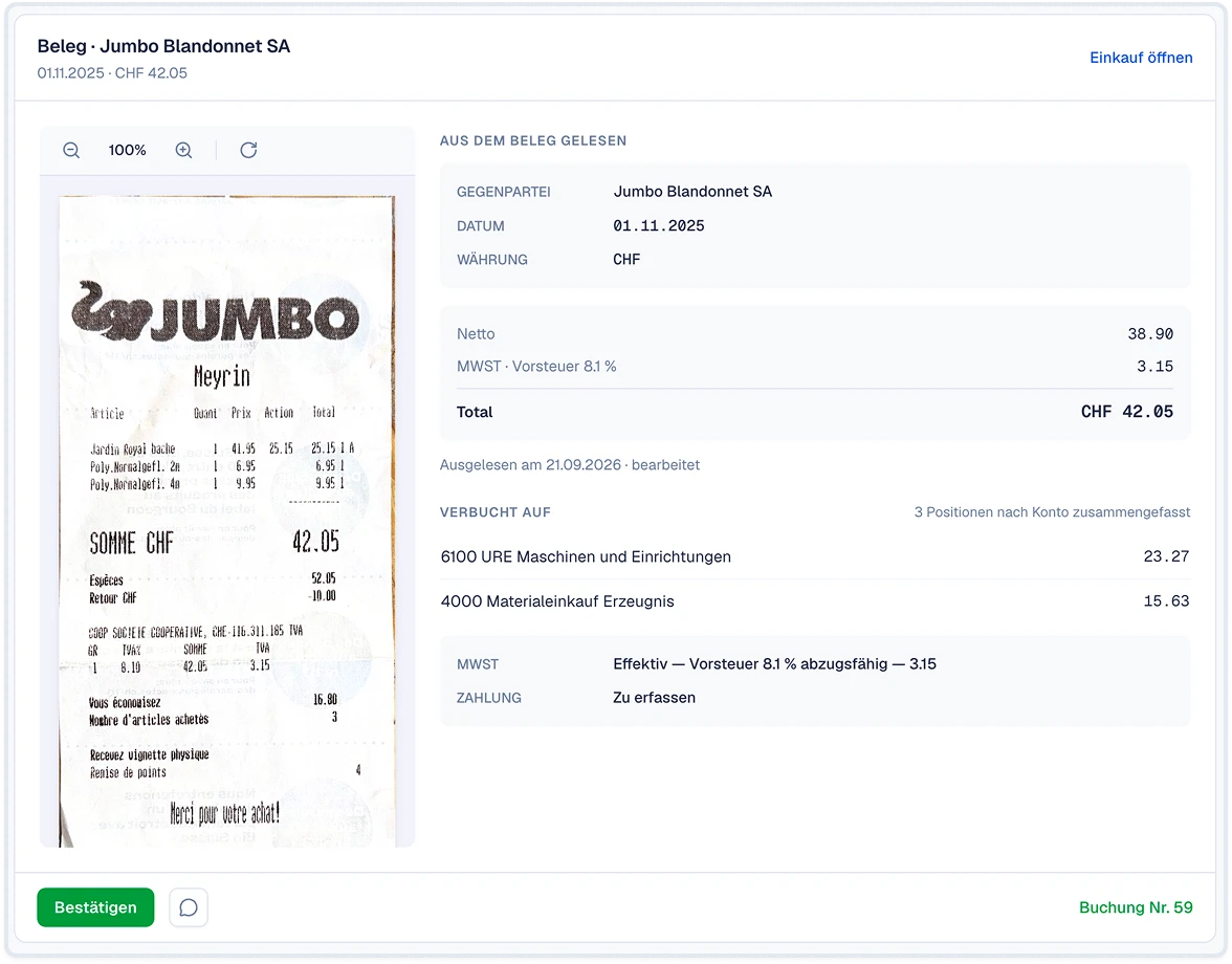 SoloDesk Prüfbereich für einen Beleg von Jumbo Blandonnet SA, mit aus dem Dokument gelesenen Angaben und einer Bestätigen-Aktion