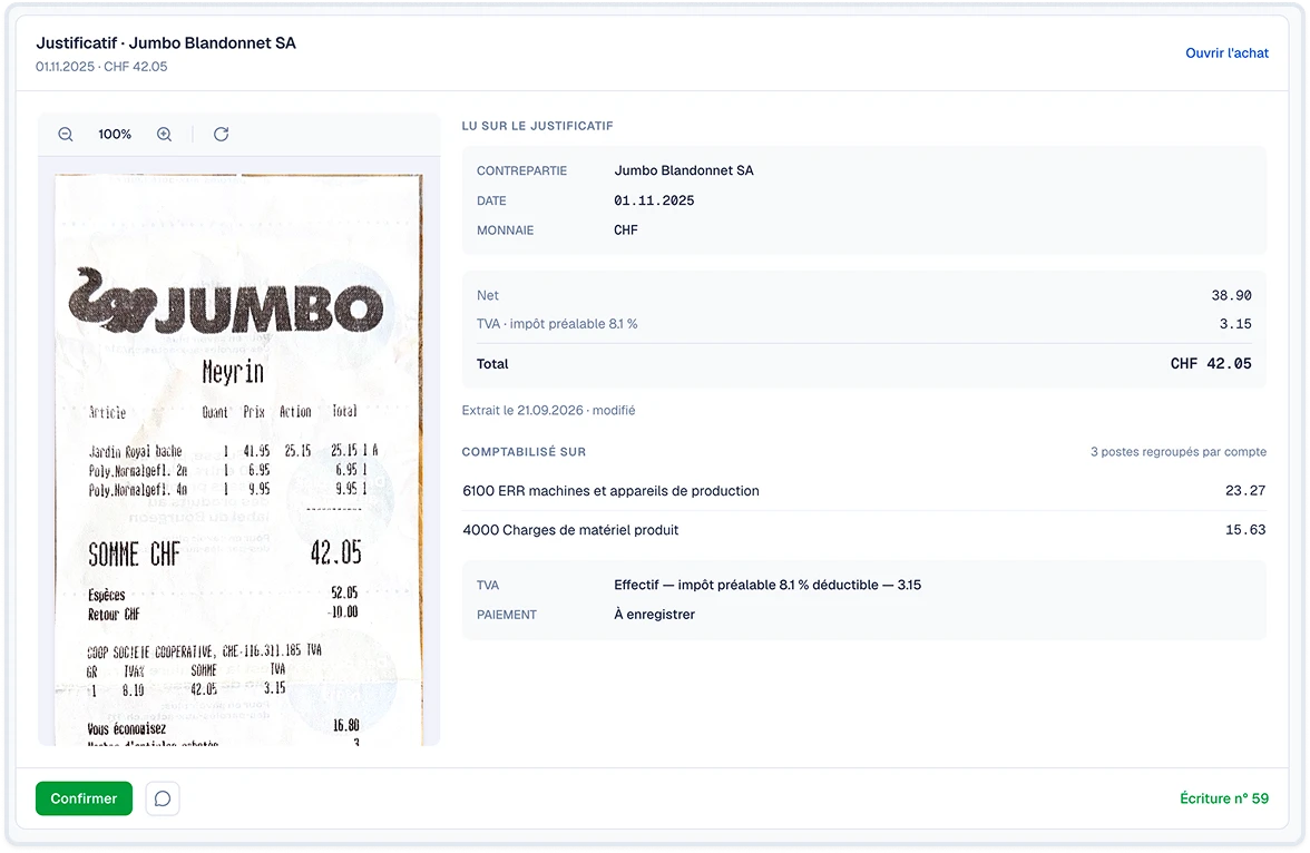 Panneau de contrôle SoloDesk pour un justificatif Jumbo Blandonnet SA, avec les informations lues depuis le document et une action Confirmer
